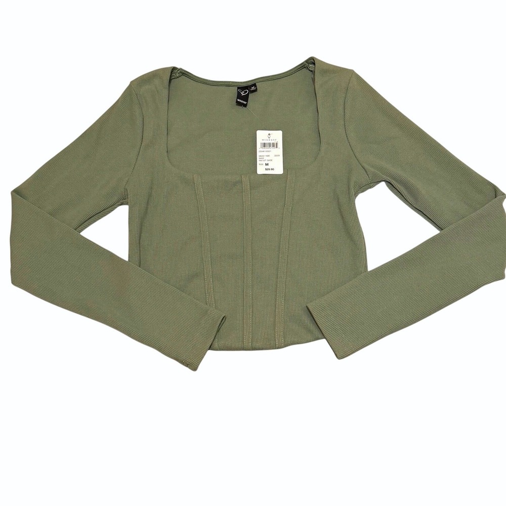 Windsor Sage Green Ribbed Corset Style Square Neck Long Sleeve Top M9733T NWT